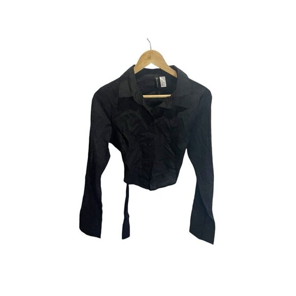 H&M Tops - H&M Button Up Blouse M Black Cropped Open Belted. Back Lightweight Long Sleeve‎
